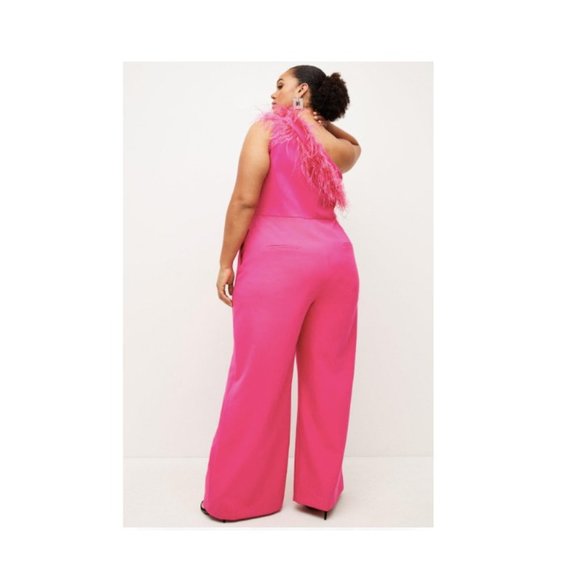 Karen Millen Pink Ostrich Feather One Shoulder Jumpsuit Sz 20 Plus NWT - Picture 4 of 8